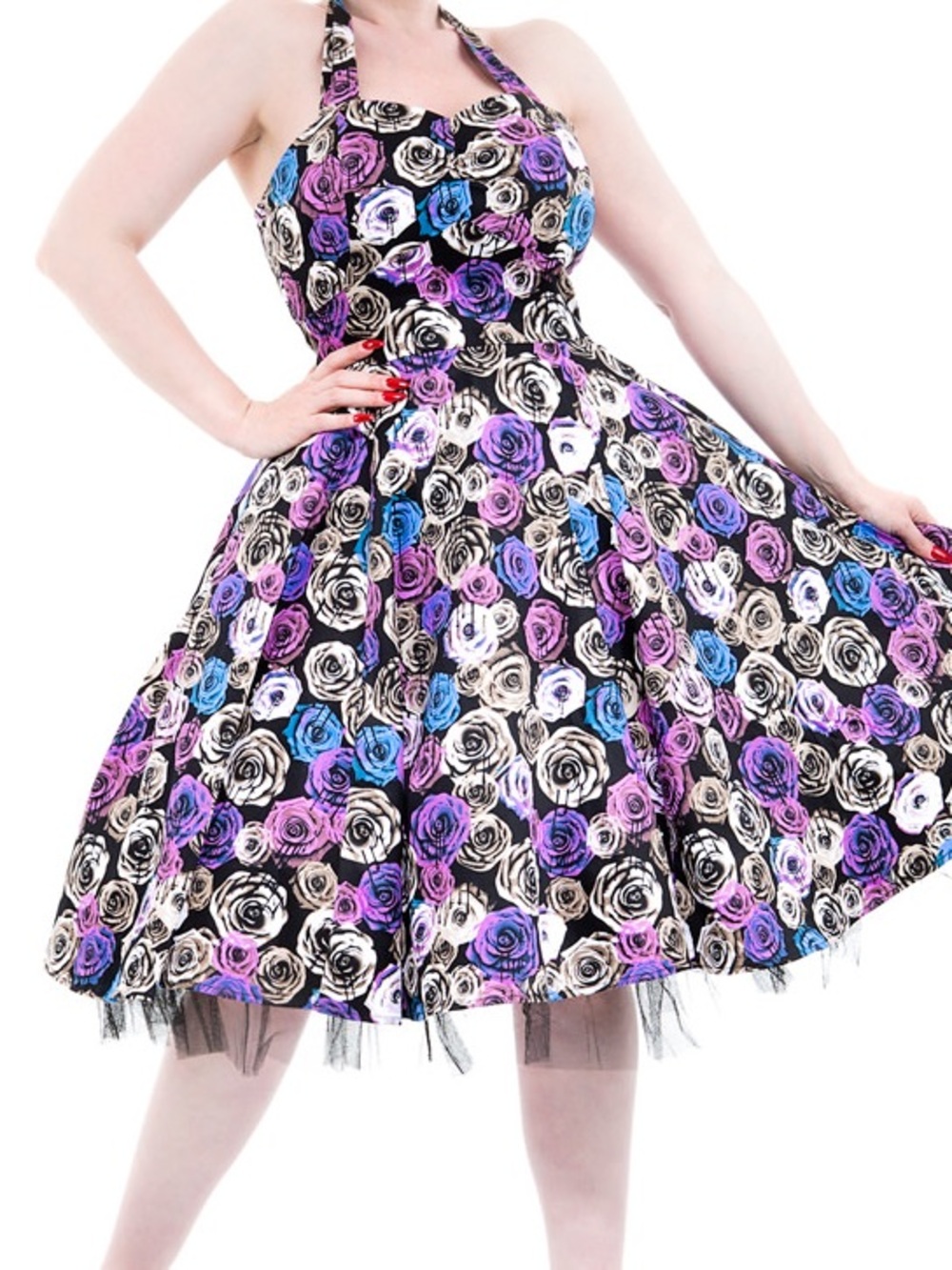 Hearts & Roses Vintage Styler Floral Halter Dress In Black Purple Blue
